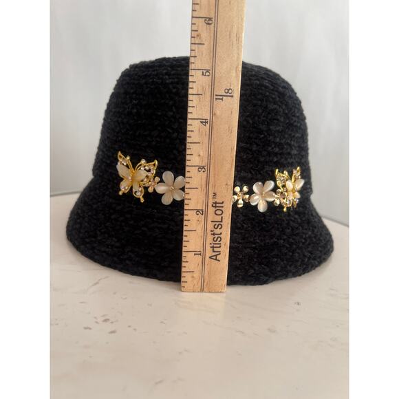 AUGUST HAT COMPANY BLACK W/ GOLD PEARL BUTTERFLY AND FLOWER EMBELLSHMENTS - Picture 9 of 10